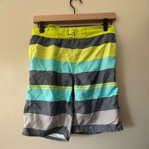Arizona Jean co boys medium 10/12 swimming trunk/ green blue grey stripe EUC